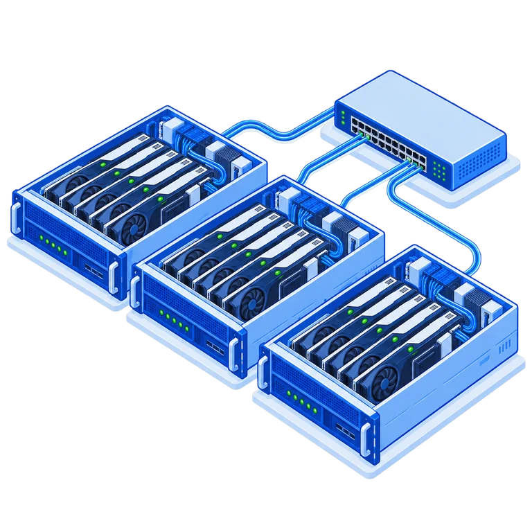 Three bare metal GPU servers with eight GPUs each, connected to a network switch