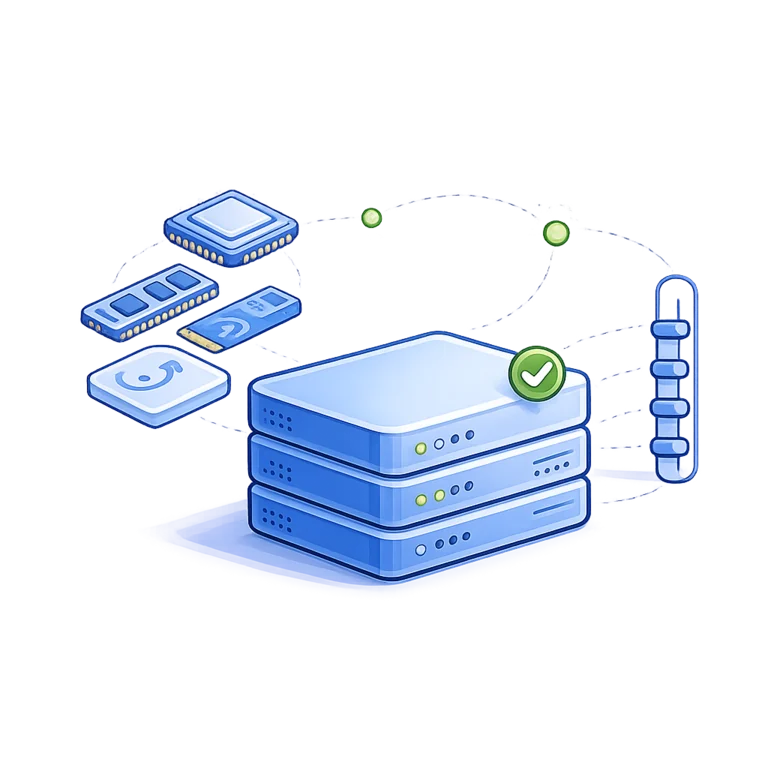 A virtual server being assembled from a CPU, memory, NVMe storage and traffic