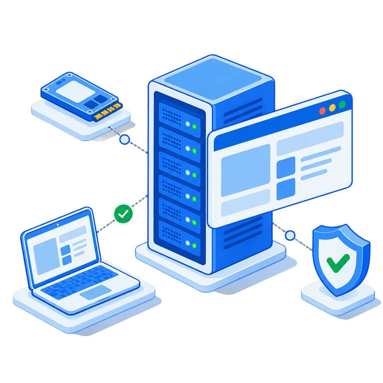 Windows serveris ar attālinātās darbvirsmas logu, tam pieslēgts portatīvais dators, NVMe disks un vairogs
