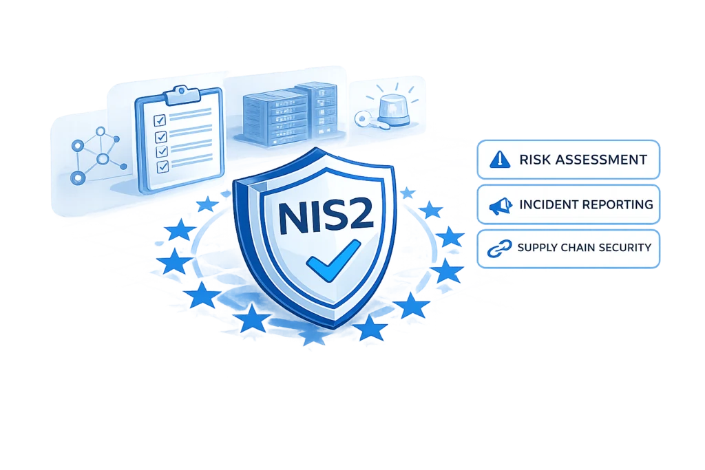 NIS2 compliance illustration: shield bearing the NIS2 wordmark surrounded by an EU star ring, with risk assessment, incident reporting and supply-chain security cards floating alongside