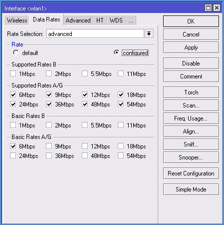 Supported rates. Настройка микротик точка точка.